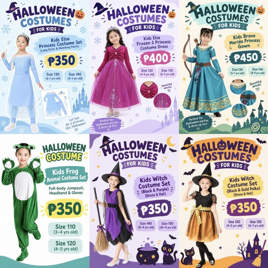 RUSH HALLOWEEN KIDS COSTUMES (Category: Babies & Kids Fashion) located in Subic. Submitted by pamyucosrental (Listing ID 1469514412, Image 1). Description: ​🎃 RUSH HALLOWEEN COSTUME CLEARANCE SALE — LAHAT FOR SALE ₱500 & BELOW! 🎃 On-hand & ready to ship/pick up! Limited stocks per size lang po. First to mine / reserve basis. ​☆ Kids Superman Costume Set (Top & Pants) – ₱150 📏 Size 110 (4–5 yo) ​☆ Kids Batman Costume Set (Top, Pants & Mask) – ₱