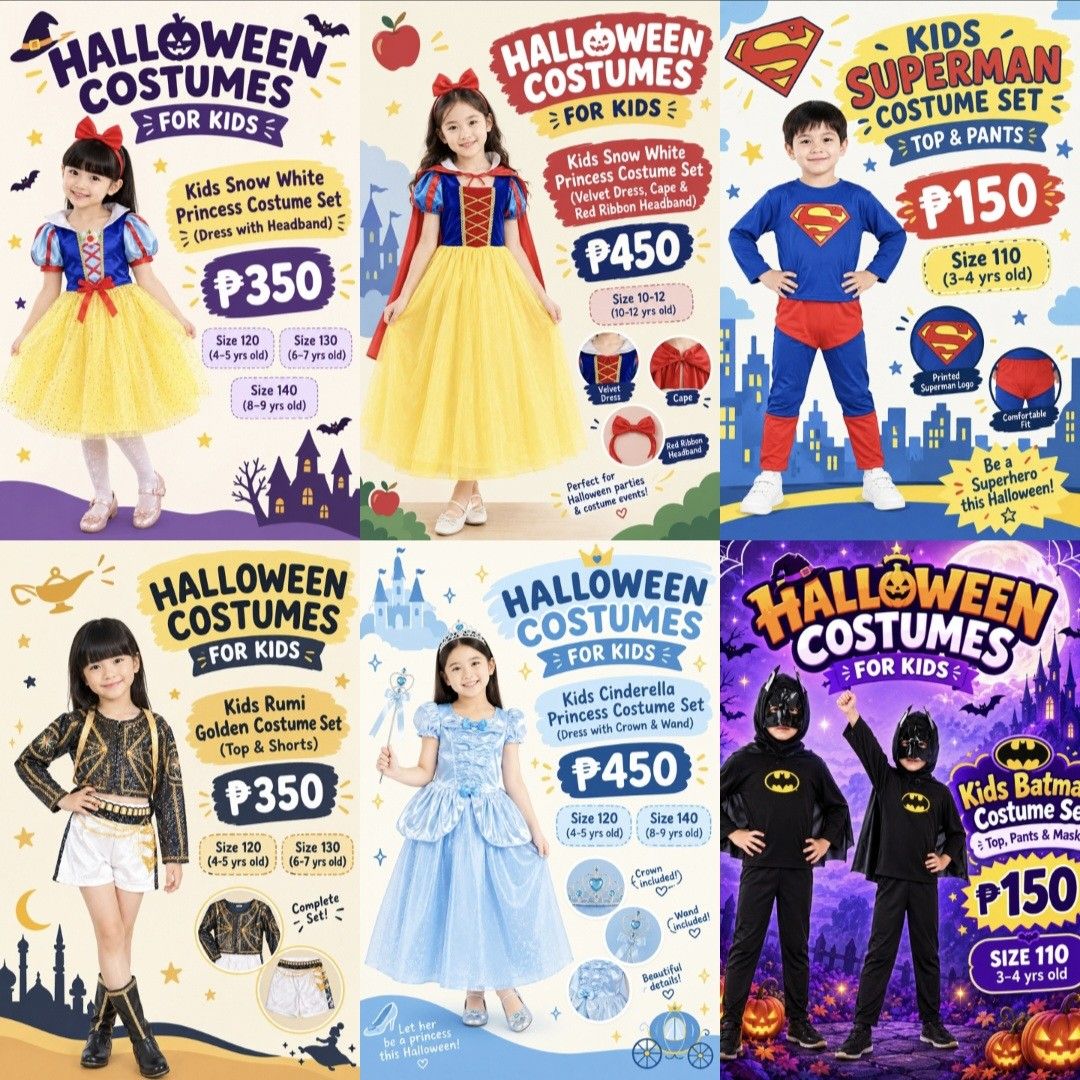RUSH HALLOWEEN KIDS COSTUMES (Category: Babies & Kids Fashion) located in Subic. Submitted by pamyucosrental (Listing ID 1469514412, Image 2). Description: ​🎃 RUSH HALLOWEEN COSTUME CLEARANCE SALE — LAHAT FOR SALE ₱500 & BELOW! 🎃 On-hand & ready to ship/pick up! Limited stocks per size lang po. First to mine / reserve basis. ​☆ Kids Superman Costume Set (Top & Pants) – ₱150 📏 Size 110 (4–5 yo) ​☆ Kids Batman Costume Set (Top, Pants & Mask) – ₱