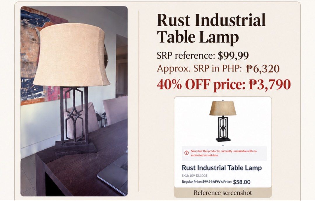 Rust Industrial Table Lamp (Category: Lighting) located in Paranaque City. Submitted by richieboyriceboy (Listing ID 1469512055, Image 1). Description: - Style: Rust Industrial Table Lamp - Design: Geometric metal base with a clean beige fabric shade - Build: Heavy, sturdy, and high-quality - Placement: Ideal for desks or side tables in home offices or living rooms - Condition: Minimal wear on the base, clean shade - Specifications: Standard bulb
