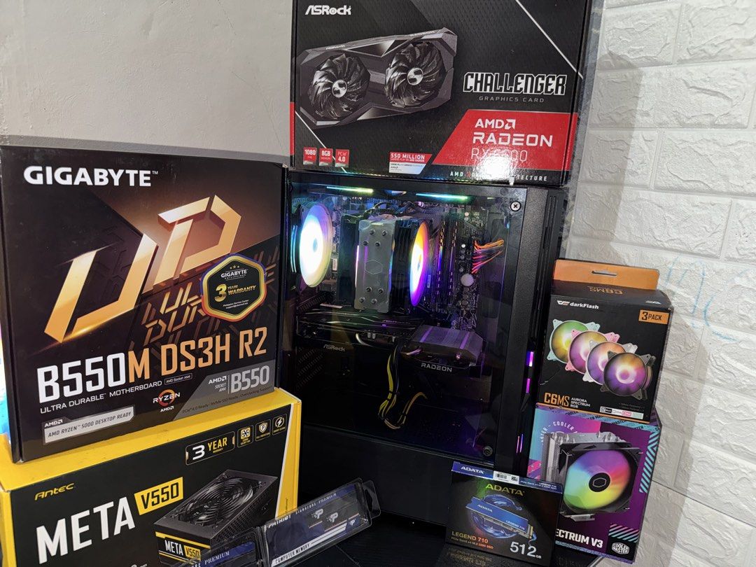 Ryzen 5 5600/ RX6600 (Category: Desktops) located in Manila. Submitted by streetrags.ph (Listing ID 1469541231, Image 3). Description: 1 year pc complete with box and receipt still on warranty Can play AAA games Solid 1080P Gaming Specs: Ryzen 5 5600 RX 6600 8GB Patriot Signature Black (2x8)16GB 3200Mhz Gigabyte B550M Adata 500 GB M.2 Antec meta V550 W Cooler Master Spectrum V3 Antec AX20 Eliteblack case Darkflash RGB fans Optional: add 3k for Ao