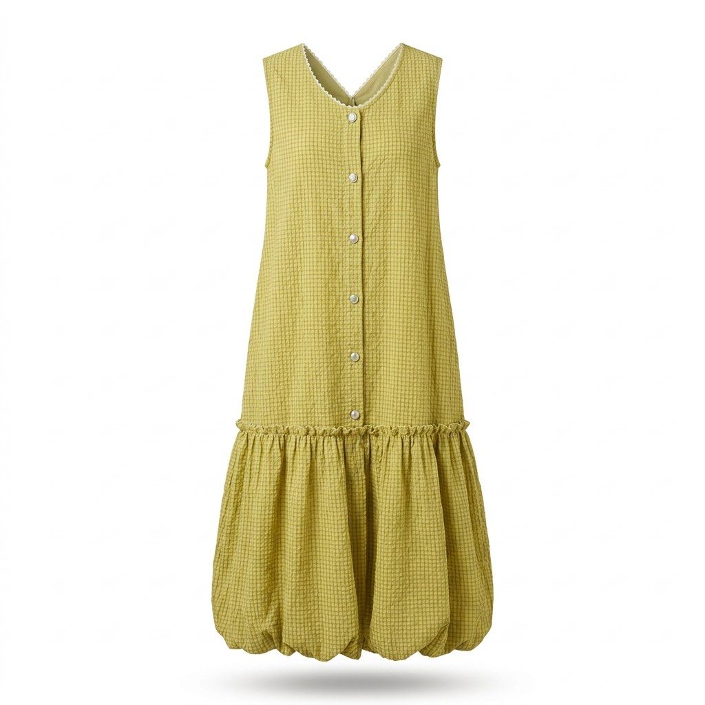 Chartreuse Checkered Sleeveless Balloon Hem Dress (Category: Dresses) located in General Trias. Submitted by dearsunnyshine (Listing ID 1469487149, Image 1). Description: - Color: Sage green with subtle checkered texture - Style: Sleeveless midi dress with drop-waist and voluminous bubble hem - Details: Front button placket with white pearl buttons, adjustable back necktie bow - Fabric: Lightweight woven material, easy slip-on fit - Condition: Br