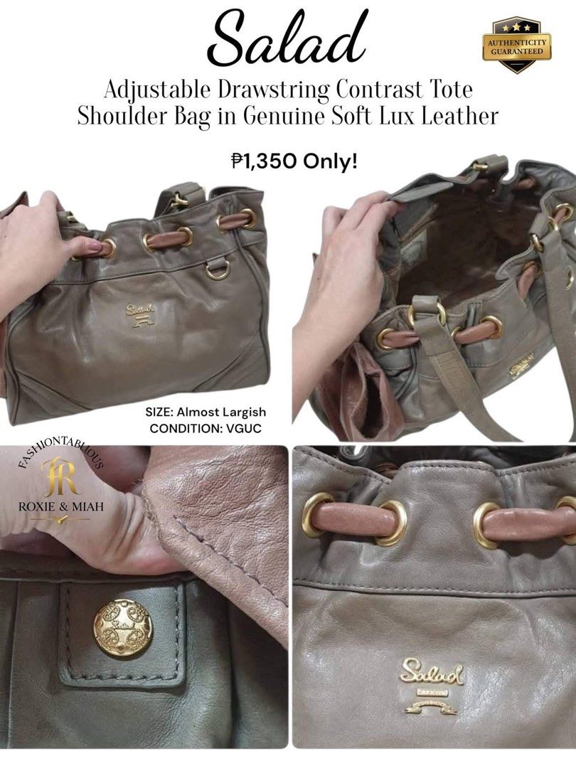 Salad Adjustable Drawstring Contrast Tote 🤎 (Category: Tote Bags) located in Mandaluyong City. Submitted by luxprelovedbagsparadise (Listing ID 1469453482, Image 3). Description: 👜✨ LUXURY LOOK, BUDGET-FRIENDLY PRICE! ✨👜 Who says you need to spend a fortune to look classy? 😉💅 Meet this elegant Salad Adjustable Drawstring Contrast Tote — timeless style, spacious design, and genuine soft lux leather! 🤎 💸 ONLY ₱1,350! ✨ Brand: Salad 👜 Size: 