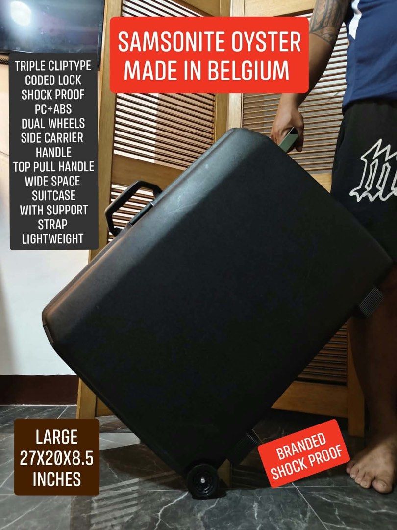 📍SAMSONITE OYSTER📍 Japan Made Shock Proof (Category: Luggage) located in Manila. Submitted by chaychaii (Listing ID 1469395078, Image 1). Description: 📍SAMSONITE OYSTER📍 Japan Made Shock Proof ⚡⚡SALE ⚡⚡ LARGE SIZE ✨Triple Locking Cliptype With Security Coded lock ✨Shock Proof PC+ABS hardcase ✨Durable Dual Wheels ✨Top Push/Pull handle ✨Side Carrier Handle ✨Wide Space Suitcase with Support Strap and pocket No Issues‼️Good Condition Minimal Mark
