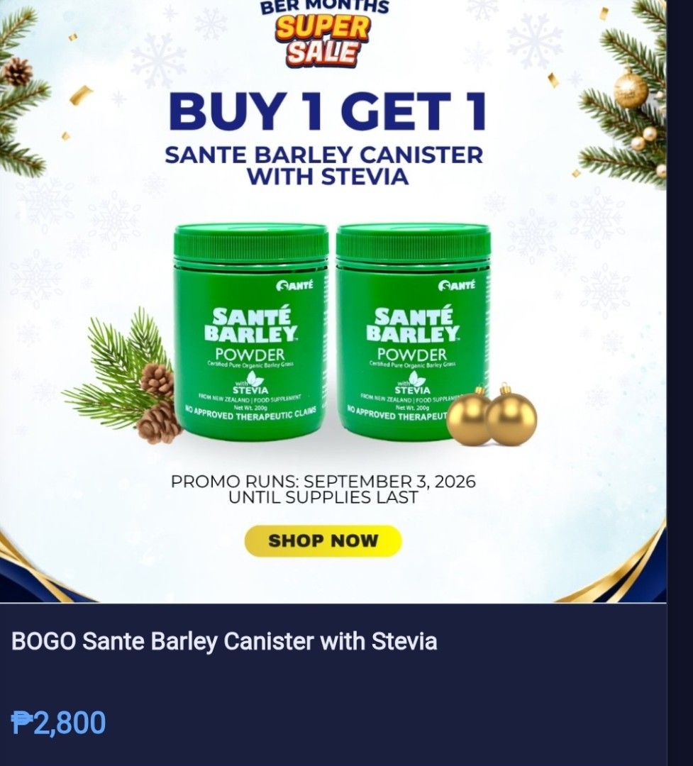 Sante Barley Buy 1 Take 1 (Category: Health Food, Drinks & Tonics) located in Manila. Submitted by braveowl_168135 (Listing ID 1469409562, Image 1). Description: Santé Barley—a natural dietary supplement made from organic young barley grass grown in New Zealand—provides a dense profile of vitamins, minerals, fiber, and antioxidants that support overall wellness. Key Nutritional Benefits Rich in Vitamins & Minerals: Packed with essential vitamins 
