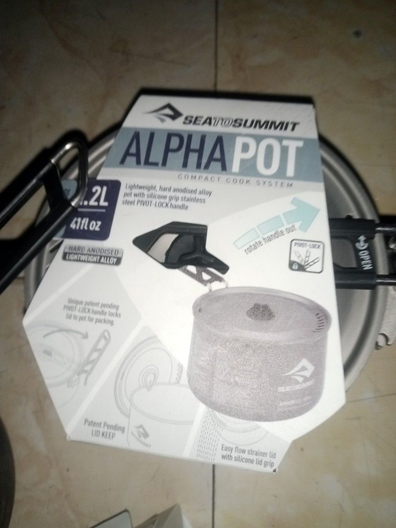 Sea to Summit Alpha Pot 1.2L Compact Cook System (Category: Hiking & Camping) located in Dasmarinas. Submitted by francoprancisco (Listing ID 1469496002, Image 2). Description: Sea to Summit Alpha Pot 1.2L brand new 480 plus sfee Compact Cook System - Material: Lightweight and durable hard-anodised alloy - Handle: Innovative pivot-lock handle securely locks the lid for packing - Lid: Easy-flow strainer lid with a built-in silicone grip - Conditio