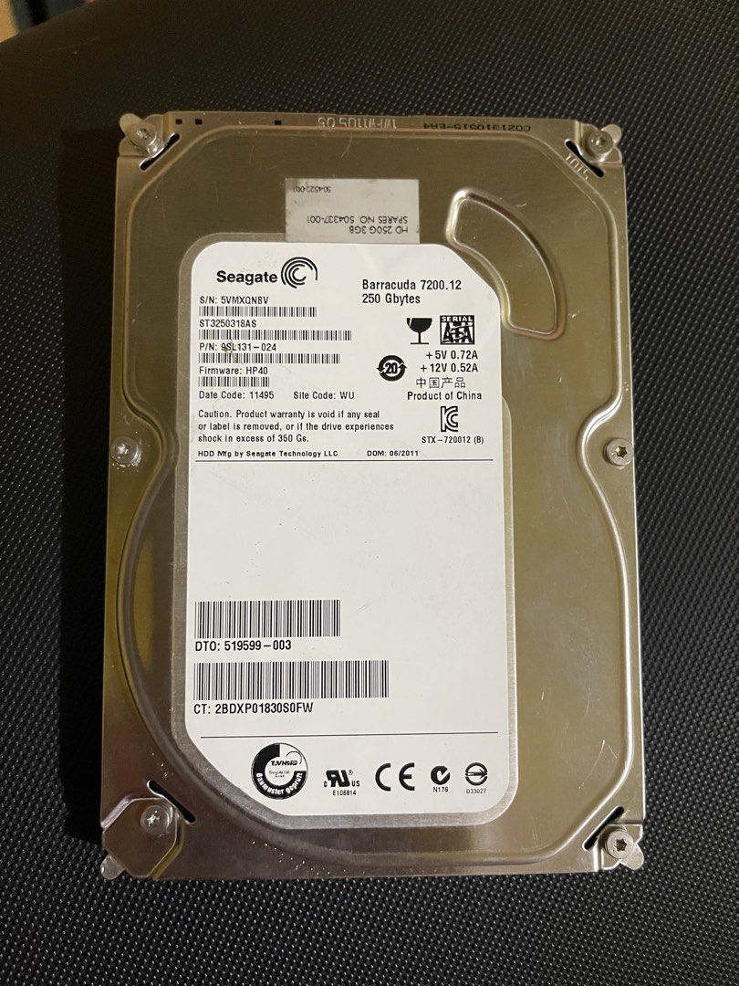 Seagate Barracuda 7200.12 250GB Internal Hard Drive (Category: Hard Disks & Thumbdrives) located in Manila. Submitted by wisefalcon_87a86d (Listing ID 1469500592, Image 1). Description: - Brand/Model: Seagate Barracuda 7200.12 (ST3250318AS) - Storage Capacity: 250 GB - Condition: Pulled from a working system, clean metal casing - Compatibility: Standard desktop PC component - Manufacture Date: June 2011.