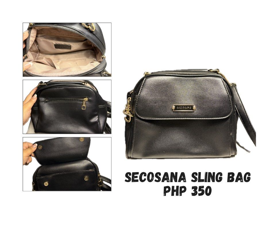 Secosana Black Sling Bag (Category: Cross-body Bags) located in Caloocan City. Submitted by mntnzchsk (Listing ID 1469397810, Image 1). Description: - Brand: Secosana - Color: Classic Black with elegant Gold hardware - Closure: Top zipper and magnetic snap front flap - Pockets: Convenient back pocket, plus internal slip and zipper pockets .