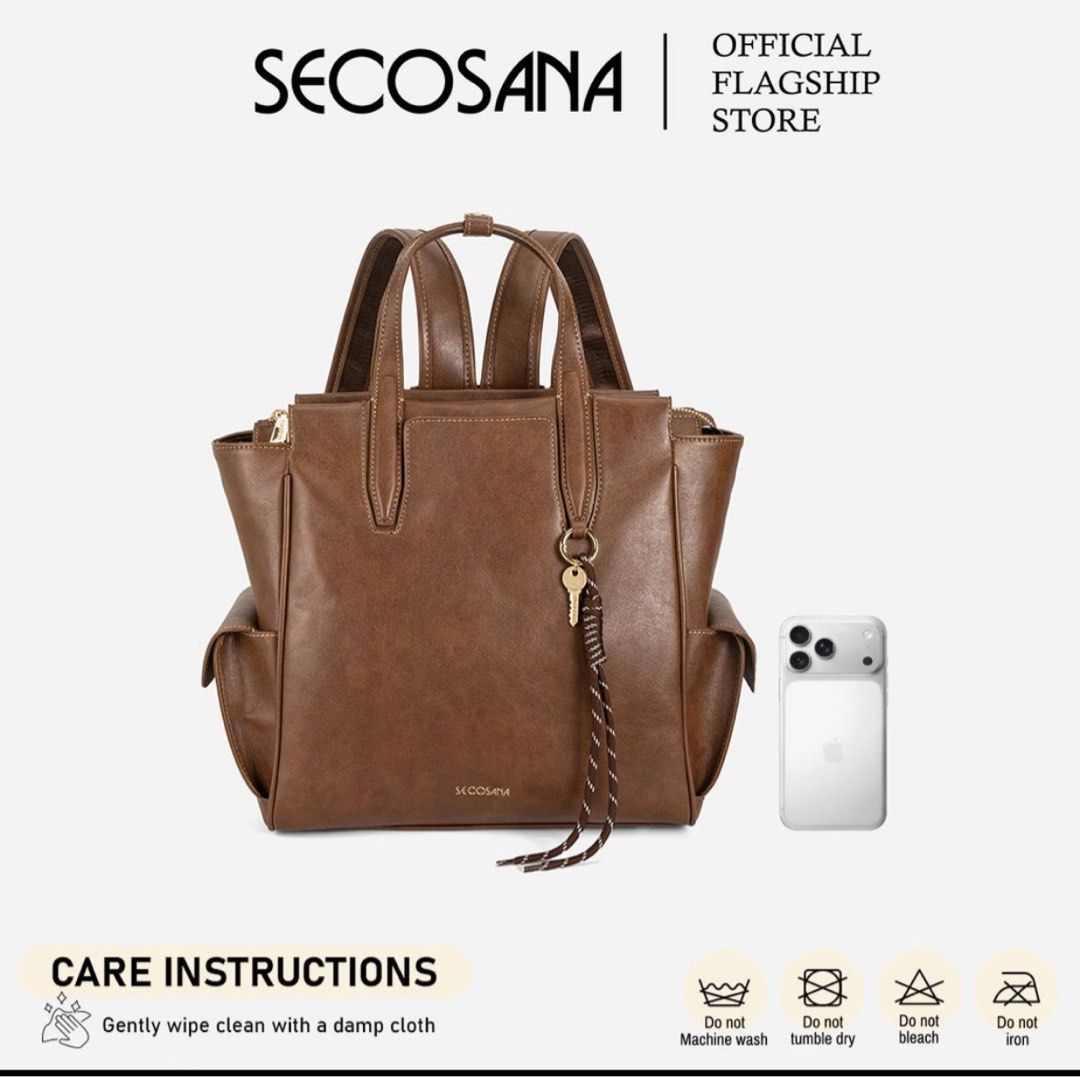 SECOSANA® Leafa Forever Classic Backpack (Category: Backpacks) located in Angeles City. Submitted by forevertrendy (Listing ID 1469427068, Image 3). Description: - Brand: Secosana - Material: Brown synthetic leather - Style: Convertible (use as a backpack or handbag with double top handles) - Closure: Top zip closure for the main compartment - Storage: Roomy interior with a zip pocket and slip-in pocket, plus handy exterior side pockets - Extras: