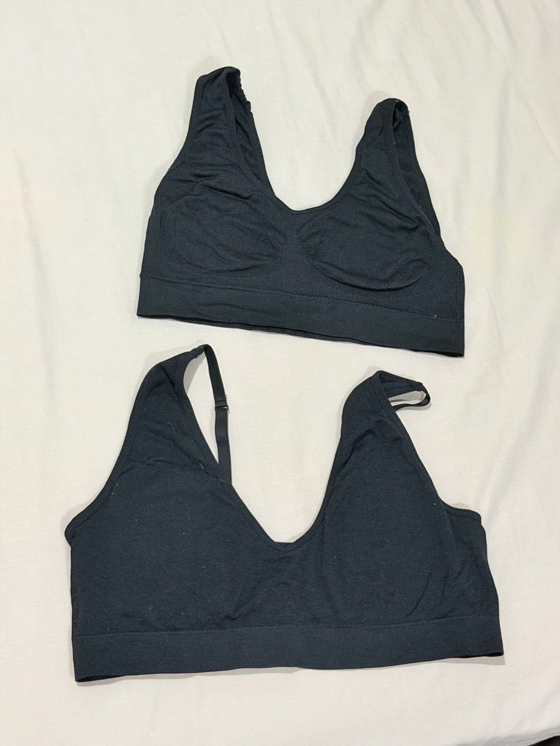 Set of two black seamless bralettes (Category: Undergarments & Loungewear) located in Paranaque City. Submitted by hannahking36 (Listing ID 1469552532, Image 1). Description: - Bundle includes 2 black seamless bralettes - Style 1: Scooped neckline with wider straps - Style 2: Deeper V-neckline with adjustable shoulder straps - Made with soft, stretchy fabric for all-day comfort - Wide underband offers extra support - Ideal for everyday lounging o
