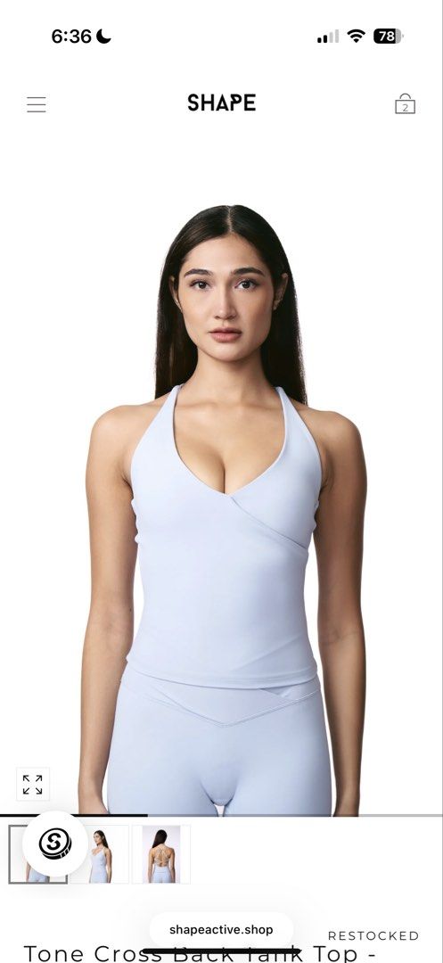 Shape active Tone Cross Back Tank Top dusty Blue (Category: Activewear) located in Quezon City. Submitted by cartsvtcart (Listing ID 1469491027, Image 1). Description: - Brandnew with tags - purchased for 1850 - RFS: Doesn’t fit me.