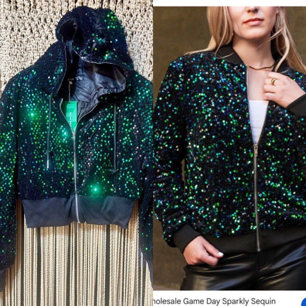 shein fully sequin hoodie jacket (Category: Coats, Jackets and Outerwear) located in Cavite. Submitted by bambimay30 (Listing ID 1469397935, Image 1). Description: fit up to large.