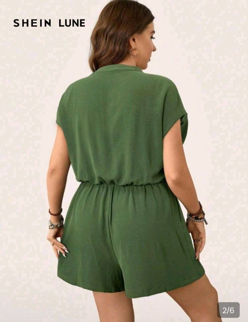 Romper Plus Size SHEIN LUNE Green Short Sleeve Button Front (Category: Rompers) located in Paranaque City. Submitted by zav_exlusive (Listing ID 1467851254, Image 3). Description: size: 1XL Shoulder 24.8" Bust 50.8" waist 34.6"-49.6" Length 36.6 condition: lightly used - Brand: SHEIN LUNE - Color: Solid olive green - Material: Lightweight textured fabric - Design: V-neckline with small collar, short cap sleeves, and partial button-down front - Fi
