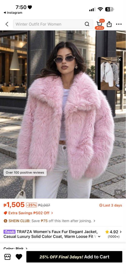 SHEIN PINK FUR JACKET (Category: Coats, Jackets and Outerwear) located in Quezon City. Submitted by shopmyprelovedph (Listing ID 1469509079, Image 1). Description: Brand new Size XS BUST 32-34 Waist 25-26.