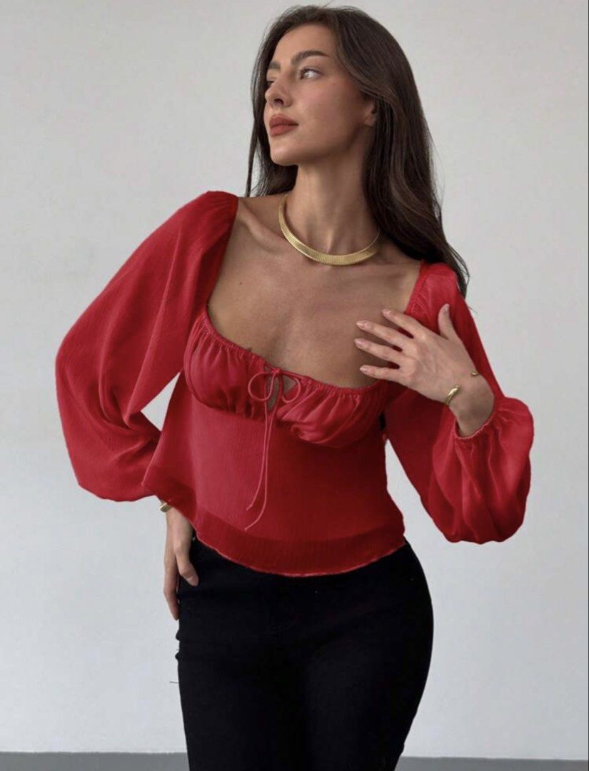 Shein Red Square Neck Coquette Top (Category: Longsleeves) located in Mandaluyong City. Submitted by blzstr (Listing ID 1469434771, Image 1). Description: Square neckline, cute front tie detail, flowy long sleeves, lightweight fabric.