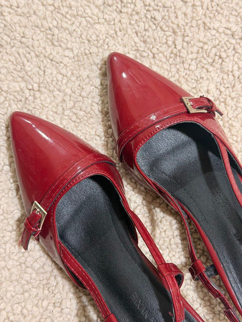 Shishang & Nixie Red Patent Slingback Heels (Category: Heels) located in Las Pinas. Submitted by ann.co. (Listing ID 1469543923, Image 3). Description: - Brand: Shishang & Nixie - Style: Red patent slingback heels with pointed toe - Details: Decorative front buckle and adjustable side strap - Heel: Comfortable low kitten heel - Interior: Black lining with branded insole - Condition: Brand new / Excellent (ready to ship!) .
