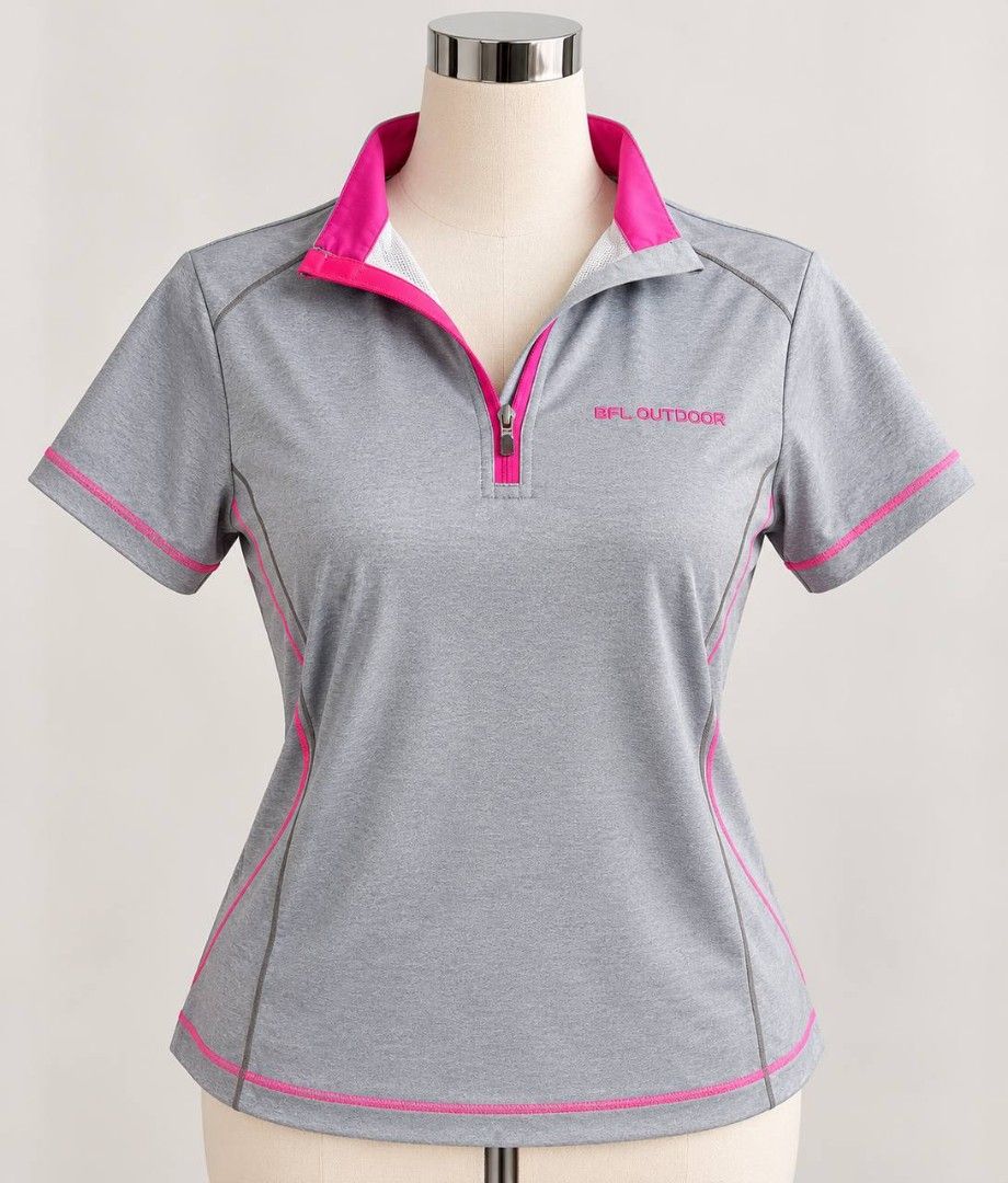 Short Sleeve Polo Shirts (Category: Activewear) located in Cagayan de Oro. Submitted by micaverzosa30 (Listing ID 1469550027, Image 2). Description: - Color: Hot pink with white shoulder accents - Style: Half-zip collar with short sleeves - Material: Lightweight performance fabric for outdoor sports or casual wear - Details: Clean logo branding on the chest - Condition: Excellent, ready to wear.
