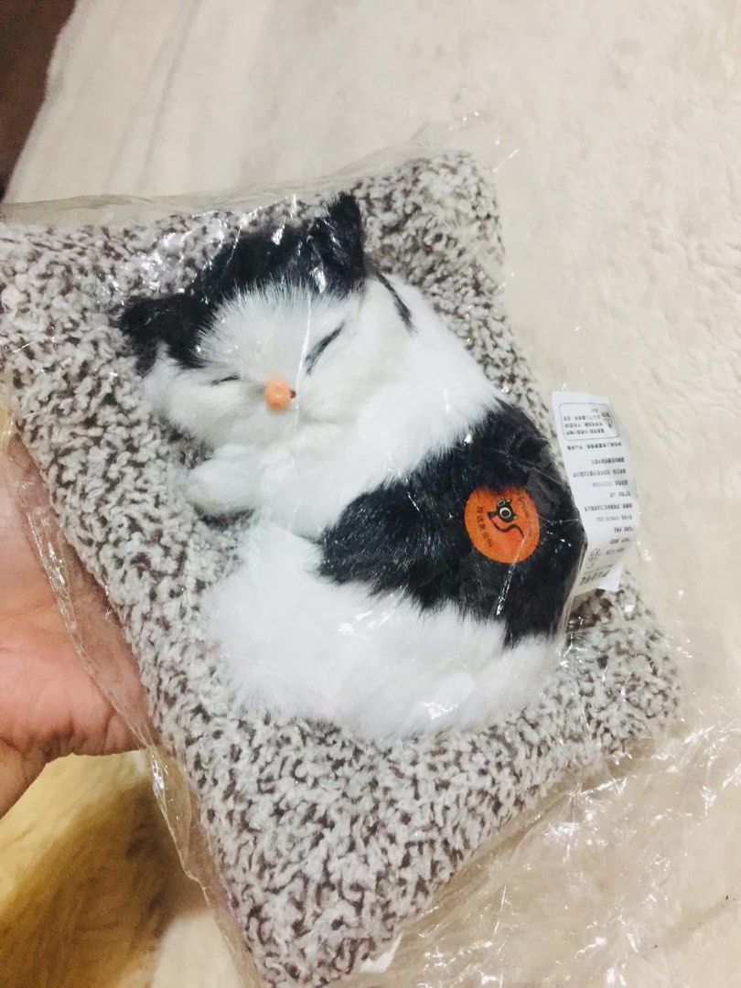 Sleeping Cat Plush Toy on Cushion (Category: Plushies & Soft Toys) located in Baguio. Submitted by izza_thrifty (Listing ID 1469567867, Image 1). Description: - Brand new & unopened: Still sealed in original plastic packaging with tag attached - Adorable design: Fluffy black and white cat with closed eyes and a tiny pink nose resting on a textured grey cushion - Perfect for gifting: Ideal present for cat lovers of all ages - Versatile decor: Make
