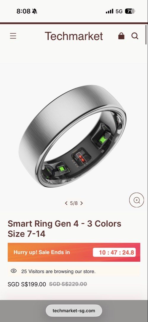 Smart Ring (Category: Wearables & Smart Watches) located in Singapore. Submitted by twentysells (Listing ID 1469438875, Image 1). Description: Rings too big. Selling it instead Bought at $199. Letting go at $120 Negotiable Black. Size 10 and 14 Techmarket Smartring Daily activity: steps, distance, calorie burn Health management: skin temperature measurement, heart rate, oxygen saturation, sleep monitoring, multisport mode, stress level, heart rat