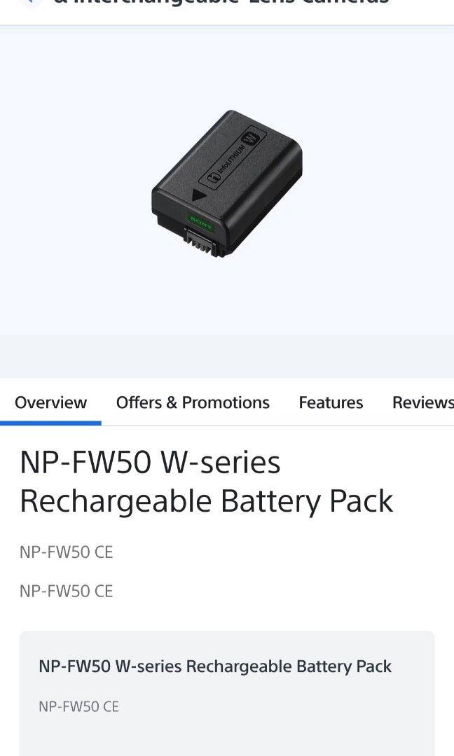 Sony NP-FW50 replacement Battery (Category: Batteries & Chargers) located in Quezon City. Submitted by ph_araoh (Listing ID 1469417362, Image 3). Description: - Brand: PATONA replacement battery - Model: NP-FW50 100% compatible with Sony battery - Specs: Li-ion, 7.2V, 950mAh (6.8Wh) - Compatibility: Sony mirrorless cameras including a6000, a6100, a6300, a6400, a6500 - Good as back up to OEM battery - Sony battery cost: P3,700 !.
