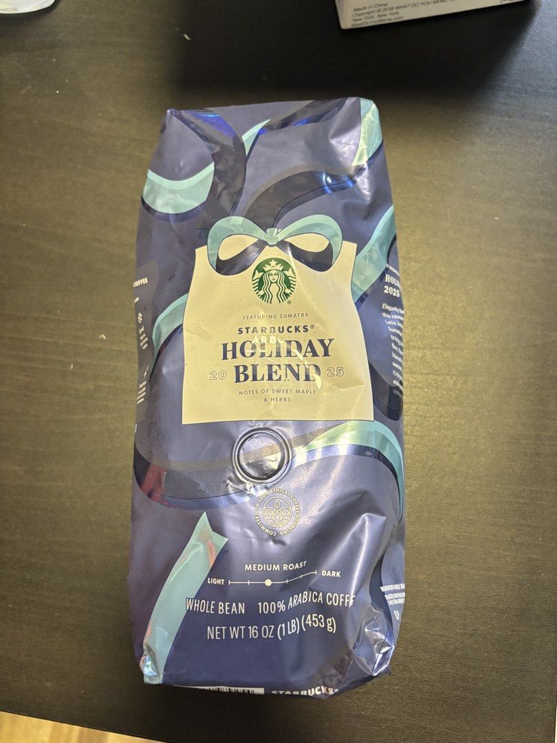 Starbucks Holiday Blend Whole Bean Coffee (Category: Beverages) located in Manila. Submitted by mganovelo64040 (Listing ID 1469475790, Image 1). Description: - Sealed Starbucks Holiday Blend whole bean coffee, 16 oz bag - Medium roast featuring premium Sumatra beans - Delicious flavor notes of sweet maple and herbs - Made with 100% Arabica coffee.