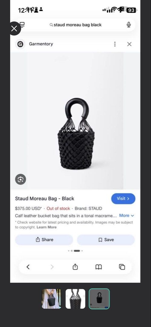 Staud Moreau Bag Black (Category: Shoulder Bags) located in Iloilo. Submitted by quailgunzone (Listing ID 1469423184, Image 3). Description: - Authentic Staud Moreau bucket bag in classic black calf leather - Features a trendy tonal macrame net overlay and structured round top handles - Original retail price: ~$375 USD - Spacious interior easily holds all your daily essentials - Versatile statement piece ideal for casual outings or dinner dates -