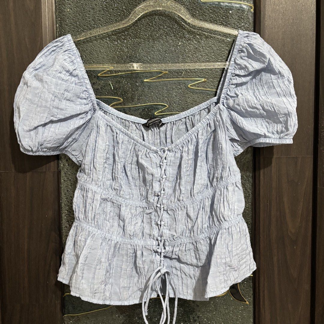 Stradivarius Puff Sleeve Top (Category: Blouses) located in Caloocan City. Submitted by declutter.cal (Listing ID 1469544096, Image 1). Description: Powder blue color Best fit s-semi m.