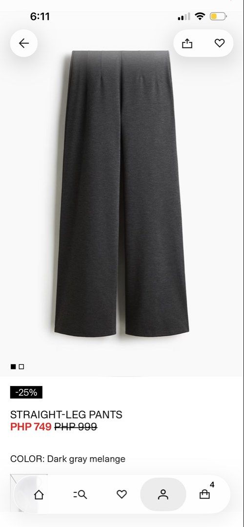 Straight-Leg Pants Dark Gray Melange (Category: Jeans) located in Quezon City. Submitted by chingg13 (Listing ID 1469488817, Image 1). Description: - Style: Straight-leg trousers in dark gray melange - Fit: Regular, fits sizes XXS to S - Waist: Comfortable pull-on style with a smooth waistband - Texture: Clean look with visible ribbed knit fabric close-up - Versatility: Great staple piece for daily wear or office outfits, easy to match with blous