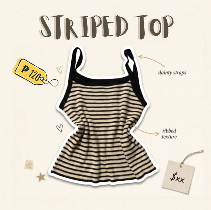STRIPED CREAM TOP — ₱ 120 (Category: Sleeveless) located in Manila. Submitted by _uniefinds (Listing ID 1469437043, Image 2). Description: STRIPED KNIT TOP — ₱120 ONLY! 🍂 ୨ৎ Black & Cream Striped Sleeveless Top ౨ৎ STRIPED KNIT TOP ♡ Color: Black & Cream ♡ Size: S-M ♡ Style: Sleeveless with thin straps ♡ Design: Horizontal stripes ♡ Fabric: Ribbed knit ♡ Details: Black strap and neckline finish ♡ Hem: Flared hem 𐙚 CONDITION: Pre-loved 𐙚 DETAILS