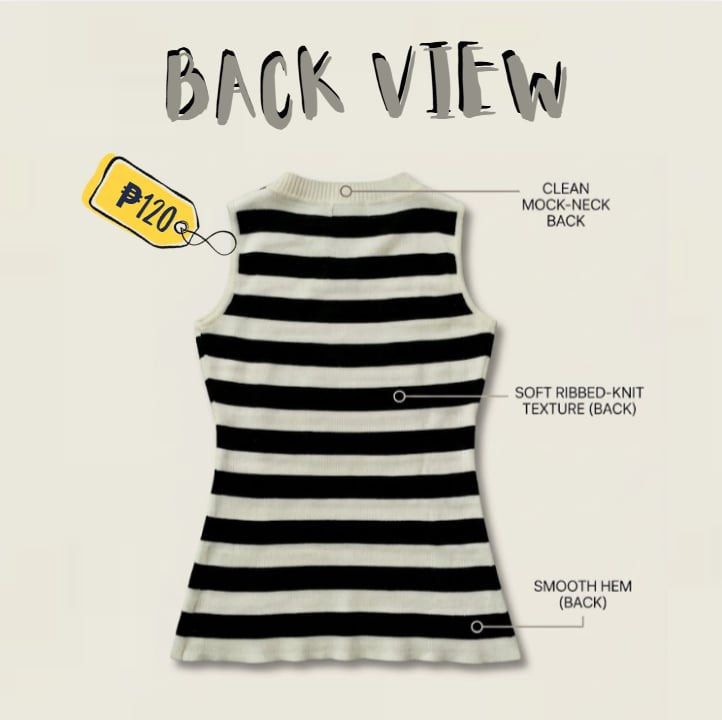 STRIPED TOP — ₱ 120 ONLY ! (Category: Sleeveless) located in Manila. Submitted by _uniefinds (Listing ID 1469425059, Image 2). Description: STRIPED KNIT TOP — ₱[PRICE] ONLY! 🖤🤍 ୨ৎ Black & White Striped Sleeveless Top ౨ৎ STRIPED TOP ♡ Color: Black & White ♡ Size: S - M ♡ Style: Sleeveless mock neck ♡ Design: Horizontal stripes ♡ Fabric: Ribbed knit ♡ Back: Clean mock-neck design ♡ Hem: Smooth finish 𐙚 CONDITION: Pre-loved 𐙚 DETAILS: Please see