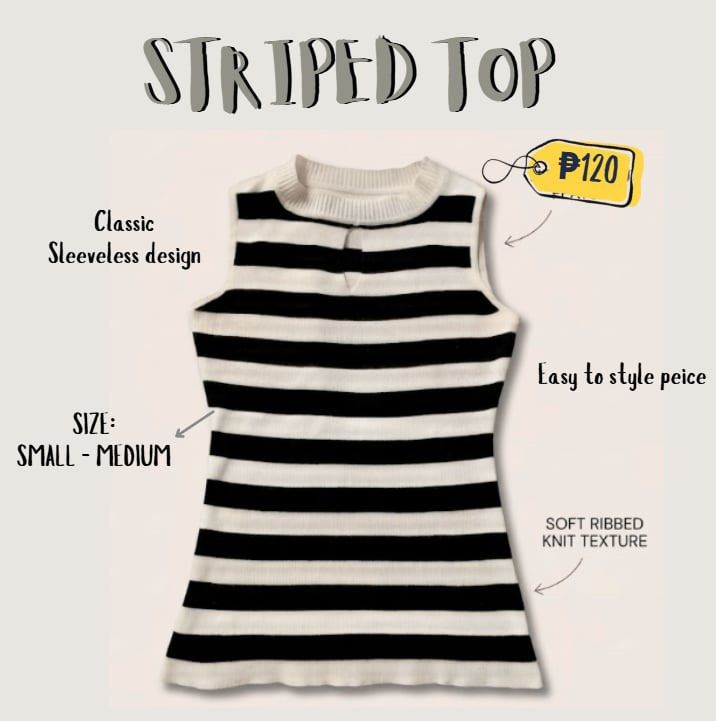 STRIPED TOP — ₱ 120 ONLY ! (Category: Sleeveless) located in Manila. Submitted by _uniefinds (Listing ID 1469425059, Image 1). Description: STRIPED KNIT TOP — ₱[PRICE] ONLY! 🖤🤍 ୨ৎ Black & White Striped Sleeveless Top ౨ৎ STRIPED TOP ♡ Color: Black & White ♡ Size: S - M ♡ Style: Sleeveless mock neck ♡ Design: Horizontal stripes ♡ Fabric: Ribbed knit ♡ Back: Clean mock-neck design ♡ Hem: Smooth finish 𐙚 CONDITION: Pre-loved 𐙚 DETAILS: Please see