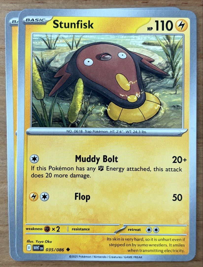 Stunfisk | Pokemon Cards ~ White Flare (Category: Raw Singles) located in Makati City. Submitted by cardlab (Listing ID 1469410810, Image 1). Description: Items are 💯 authentic/original/legit. About The Card: •Language: EN • Number: 035/086 • Uncommon • Normal FOR: • Cards ₱99 and below with Card Sleeves • Cards ₱100 and up with Card Sleeves and Used Toploader • ₱10 for Bnew Tops Packaging (If Shipping): ✔️ Plastic cover ✔️ Cardboard ✔️ Bubble w
