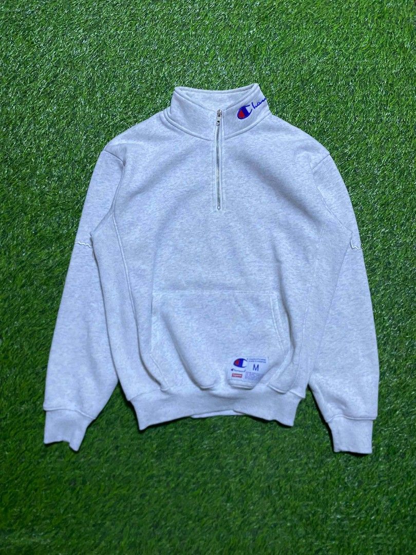 Supreme Champion Half Zip Sweatshirt Grey Medium (Category: Coats, Jackets and Outerwear) located in Manila. Submitted by franzenbal30332 (Listing ID 1469535807, Image 1). Description: CHAMPION X SUPREME SIZE M WIDTH - 21 LENGTH - 26 COLOR RATE 9.5 EXCELLENT CONDI ISSUE MINI WASHABLE YELLOW DOT STAIN(NOTICEABLE).