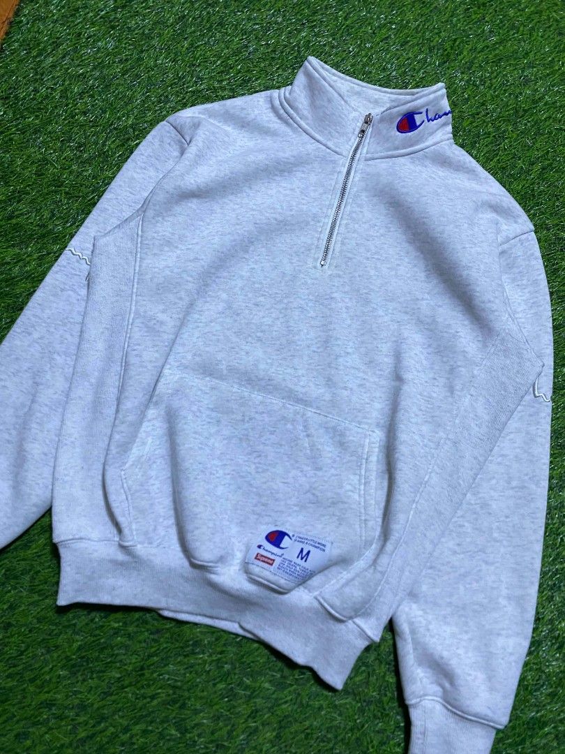 Supreme Champion Half Zip Sweatshirt Grey Medium (Category: Coats, Jackets and Outerwear) located in Manila. Submitted by franzenbal30332 (Listing ID 1469535807, Image 2). Description: CHAMPION X SUPREME SIZE M WIDTH - 21 LENGTH - 26 COLOR RATE 9.5 EXCELLENT CONDI ISSUE MINI WASHABLE YELLOW DOT STAIN(NOTICEABLE).