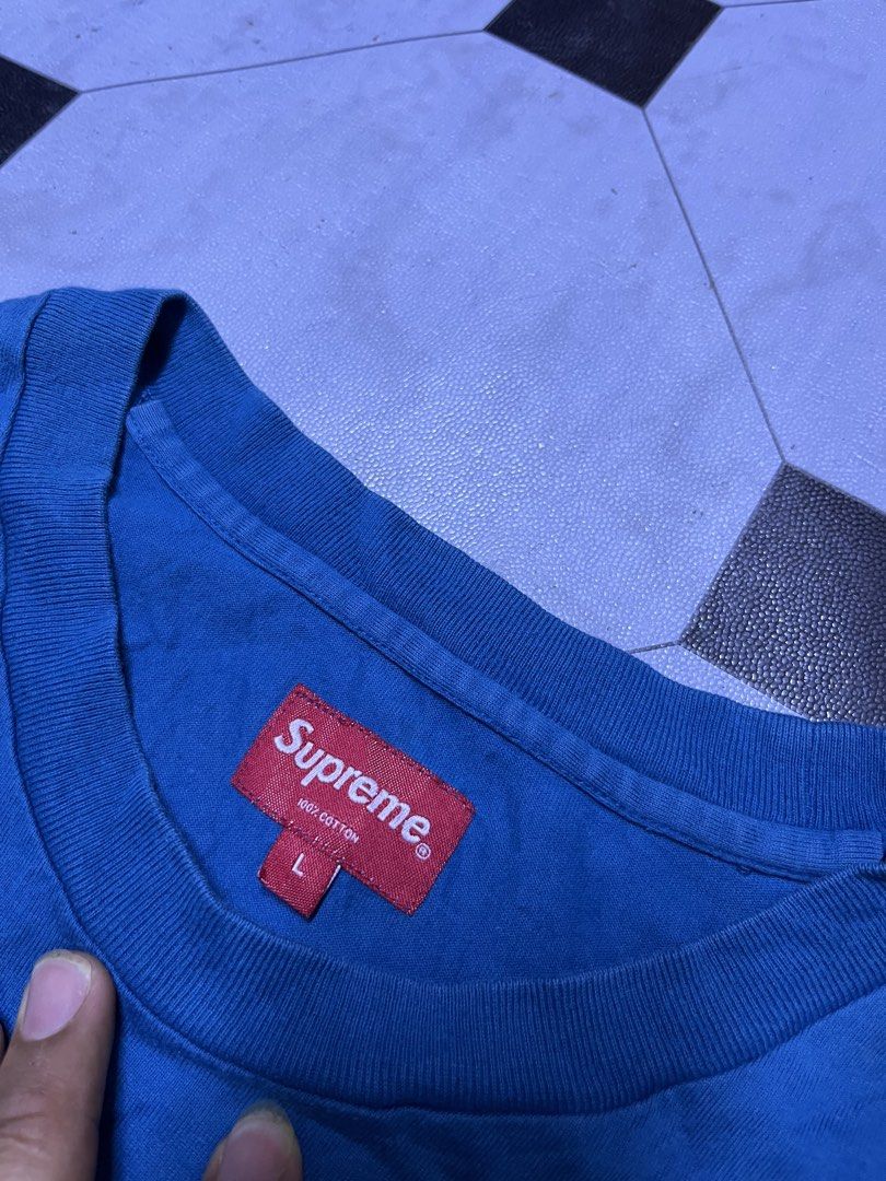 Supreme Small Box Logo Long Sleeve Tee Blue Size L (Category: Coats, Jackets and Outerwear) located in Manila. Submitted by ba_thrifted (Listing ID 1469524908, Image 3). Description: - Brand: Supreme - Style: Long sleeve shirt - Color: Blue - Logo: Small embroidered box logo on chest - Size: L (with classic red neck tag) - Material: 100% cotton with ribbed cuffs - Condition: Clean, wash care tags included, ready to wear.
