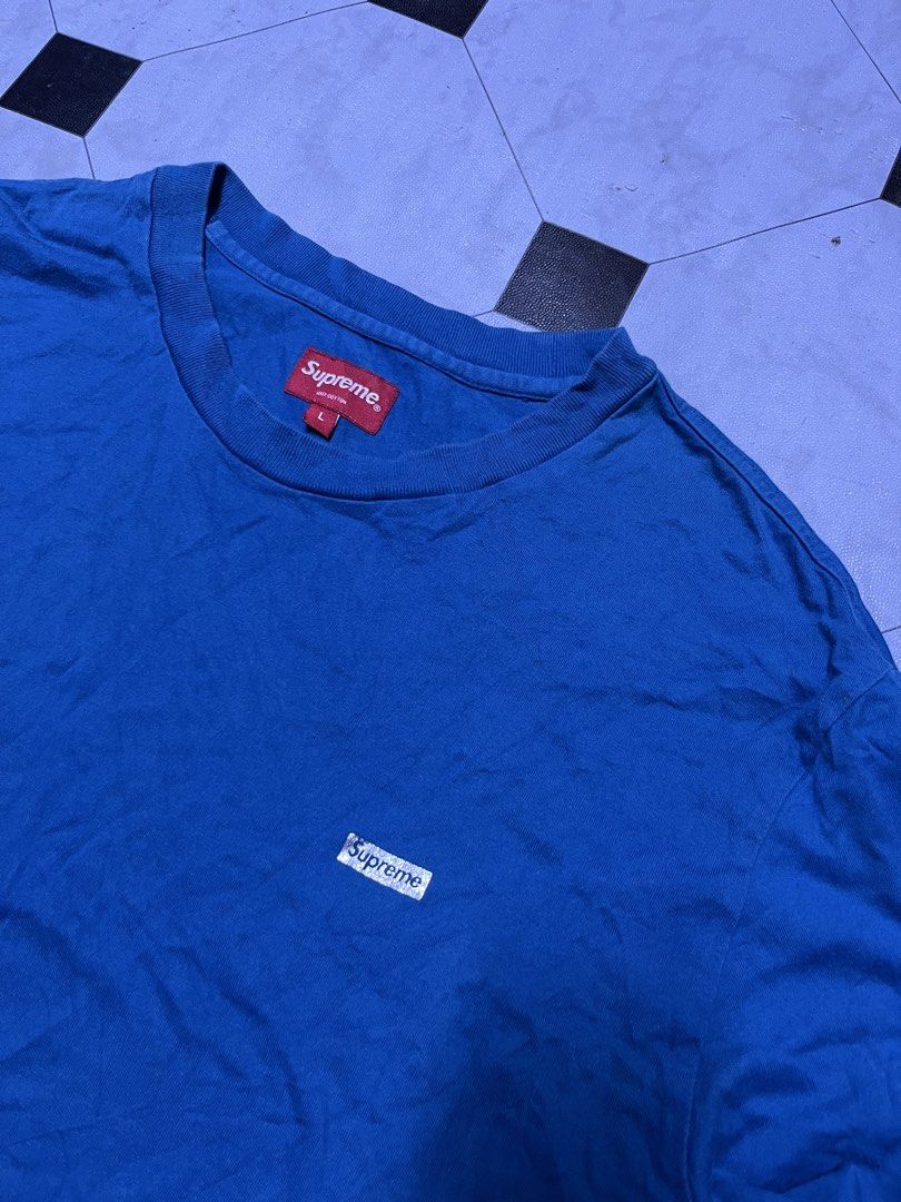 Supreme Small Box Logo Long Sleeve Tee Blue Size L (Category: Coats, Jackets and Outerwear) located in Manila. Submitted by ba_thrifted (Listing ID 1469524908, Image 2). Description: - Brand: Supreme - Style: Long sleeve shirt - Color: Blue - Logo: Small embroidered box logo on chest - Size: L (with classic red neck tag) - Material: 100% cotton with ribbed cuffs - Condition: Clean, wash care tags included, ready to wear.