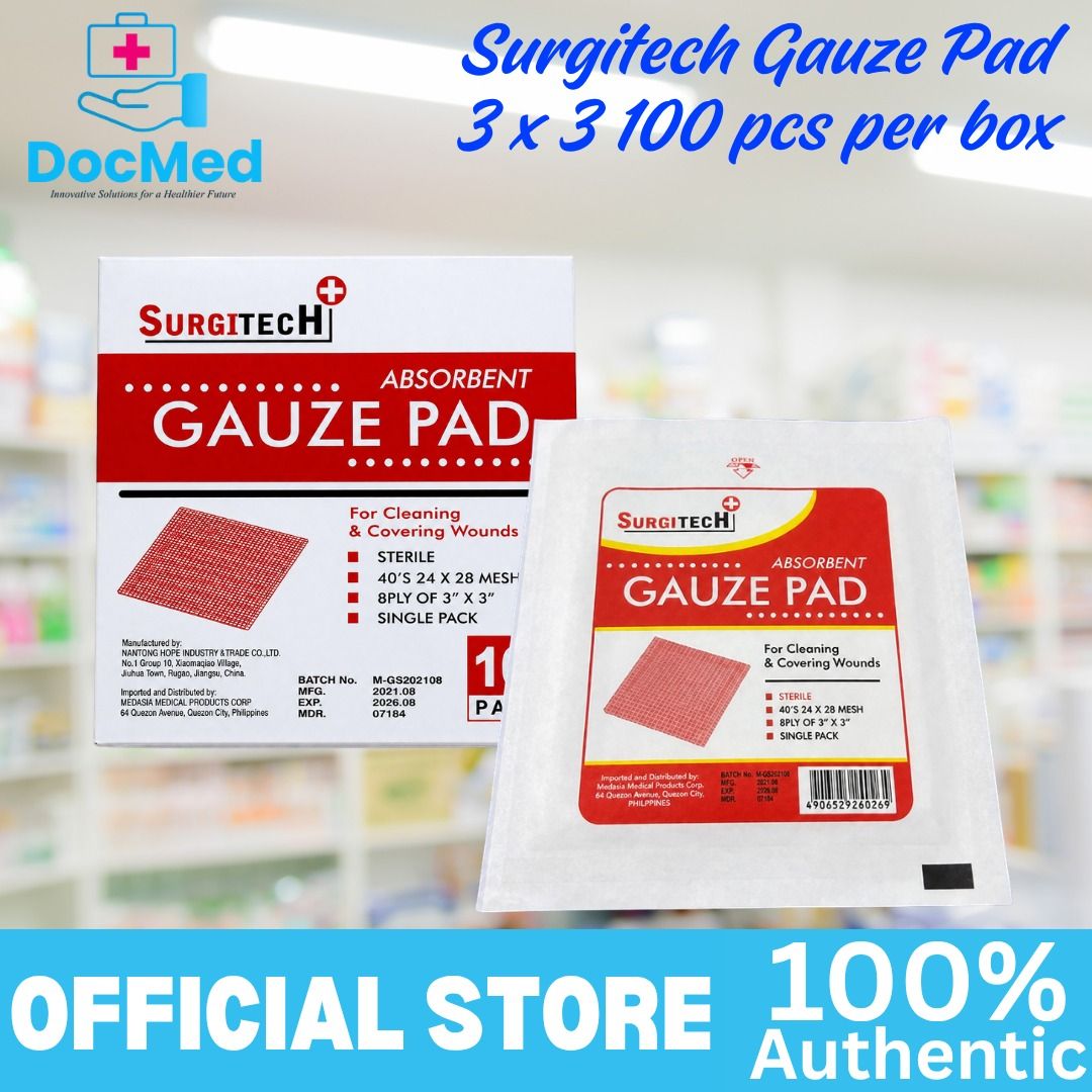 SURGITECH ABSORBENT GAUZE PAD 3X3 100 PCS PER BOX STERILIZED (Category: Medical Supplies & Tools) located in Quezon City. Submitted by zee_010200 (Listing ID 1469434921, Image 3). Description: .