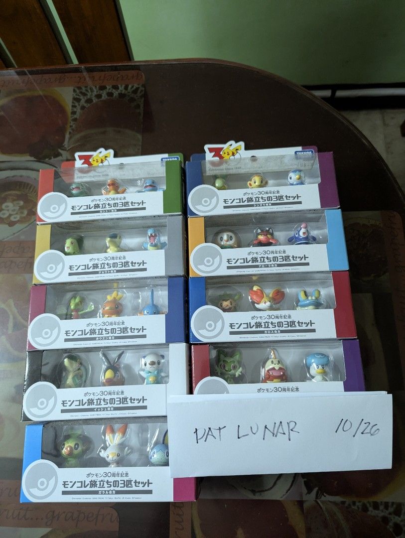Takara Tomy Moncolle Pokemon Starter Figures Complete Set Boxes (Category: Figurines & Statues) located in Manila. Submitted by jr2012 (Listing ID 1469487052, Image 1). Description: - Full collection: All 9 Pokémon starter regions (Kanto, Johto, Hoenn, Sinnoh, Unova, Kalos, Alola, Galar, Paldea) - Brand: Takara Tomy - Contents: 3 miniature figures per box - Condition: 100% unopened, kept in storage - Ideal for complete-set collectors and fans of 