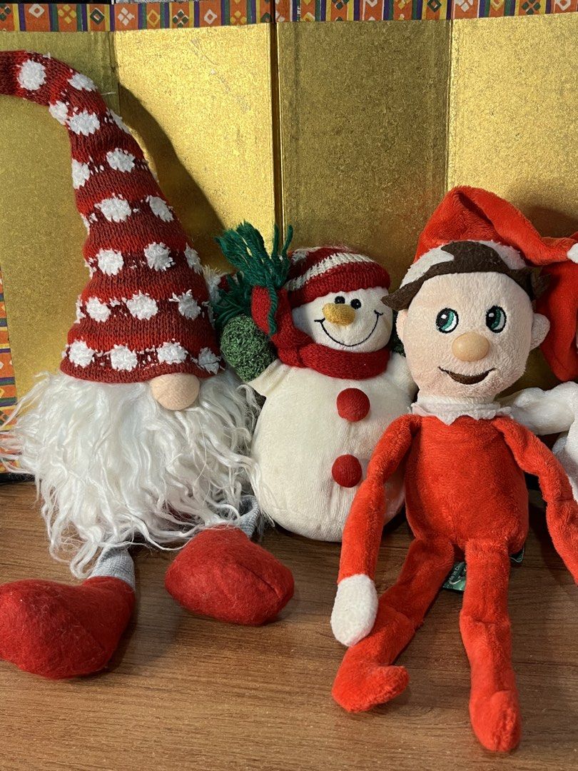 Take All Assorted Christmas Plush Gnome Hat, Snowman & Elf Etc. (Category: Plushies & Soft Toys) located in Gapan. Submitted by lunashop14 (Listing ID 1469417480, Image 2). Description: - Set of 5 soft holiday plushies - Includes: tall red-hat gnome, 2 unique snowmen with scarves, floppy-limbed elf, and green-and-red elf doll - Made with clean, soft plush fabric - Ideal for festive home decor or holiday gifts - Sold as a bundle only.