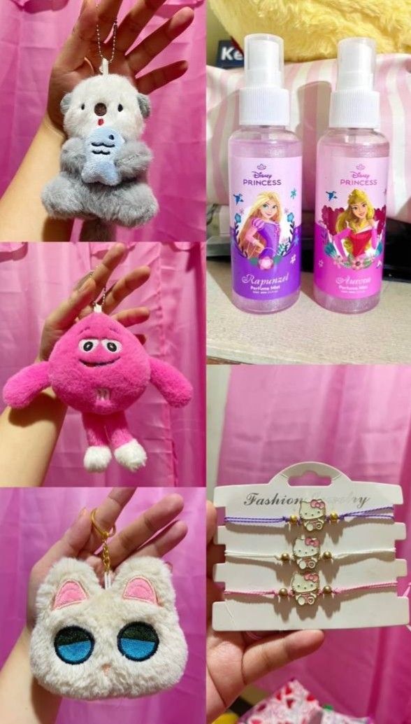 TAKE ALL Disney Princess Perfume Mists Plush Keychains & Hello Kitty Bracelets (Category: Character Goods) located in Cagayan de Oro. Submitted by micaverzosa30 (Listing ID 1469546505, Image 1). Description: - Disney Princess body mists featuring Rapunzel and Aurora - 3 plush keychains: otter with fish, pink character, and white cat face - Set of 3 Kitty charm bracelets on purple, white, and pink cords - Selling as a bundle; Perfect for Gift 🎁 -