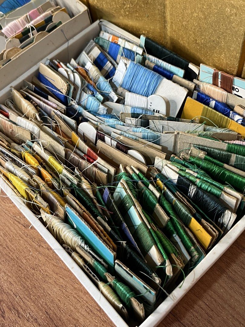 Take All Vintage Carded Sewing Thread Assortment in Boxes (Category: Craft Supplies & Tools) located in Gapan. Submitted by lunashop14 (Listing ID 1469416816, Image 2). Description: ₱300 take all super dami Meron pang naiwan dito hindi na na picturan freebies ko nalang - Assorted sewing thread wrapped on vintage cardboard cards, spools, and bobbins - Vibrant mix of colors: blue, green, yellow, pink, white, and dark tones - Ideal for hand sewing, 