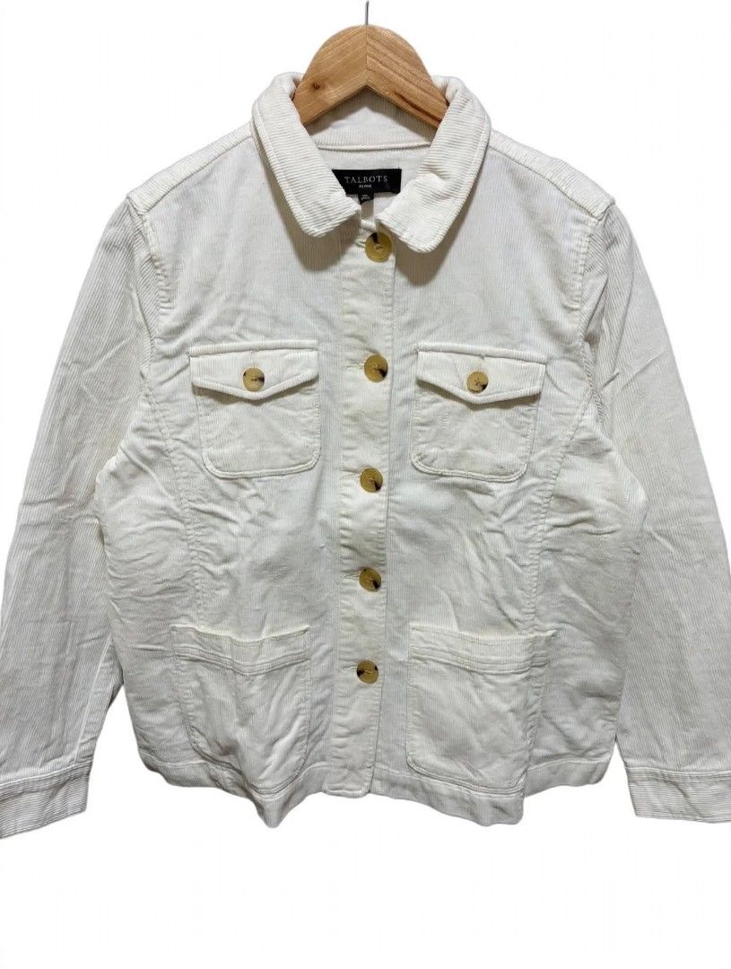 Talbots Petite White Corduroy Jacket Size Mp (Category: Coats, Jackets and Outerwear) located in Quezon City. Submitted by kimzxc_536 (Listing ID 1469543645, Image 1). Description: - Brand: Talbots - Size: Petite Medium (PM) - Color: Classic White - Material: Soft corduroy - Closure: Button-down front with shiny gold buttons - Pockets: 4 front utility pockets (2 chest flaps, 2 lower patches) - Details: Long sleeves with button cuffs and structure