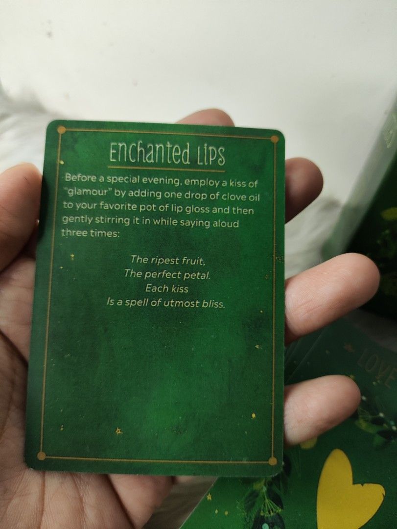The Practical Witch's Spell Deck 100 Spells (Category: Storybooks) located in Cavite. Submitted by tinetaclesss (Listing ID 1469498673, Image 3). Description: - Title: The Practical Witch's Spell Deck (Green edition) - Contents: 100 spells focused on love, happiness, and success - Design: Features charming illustrated botanical borders and unique titles (e.g., Goddess Body Blessing Balm, Enchanted Lips, Elixir of Love) - Condition: Comes in its o