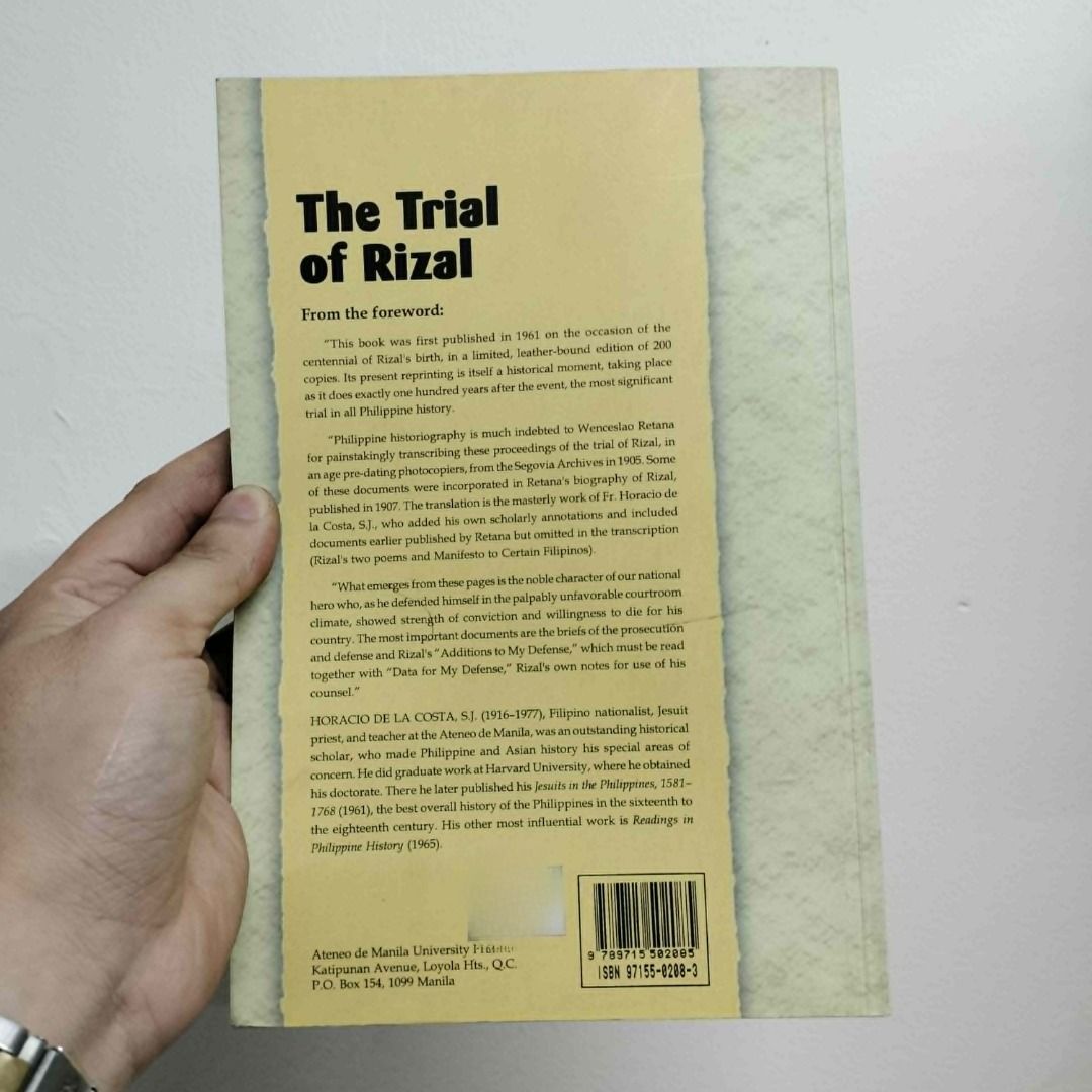 THE TRIAL OF RIZAL (Category: Storybooks) located in Antipolo. Submitted by serjyms (Listing ID 1469483770, Image 2). Description: THE TRIAL OF RIZAL Horacio de la Costa, S.J. Ateneo de Manila University Press 1998, Paperback, 189 Pages 2 Copies Available Selling Price: Php999+sf Location: Antipolo City, Rizal Condition: Good Condition Mode of Payment: Gcash Mode of Delivery: J&T, LBC, Lalamove For inquiries, feel free to message me po. Thank you