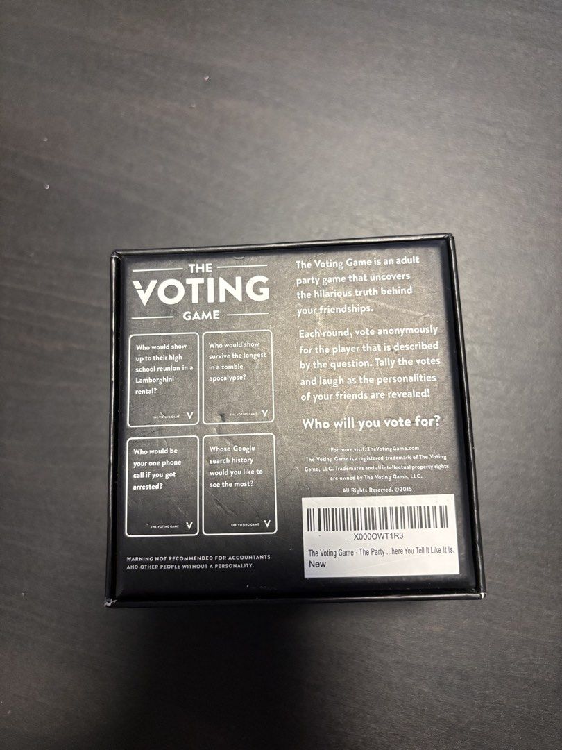 The Voting Game Card Game (Category: Board Games & Puzzles) located in Manila. Submitted by mganovelo64040 (Listing ID 1469480381, Image 2). Description: Hilarious adult party game for game nights with friends! Complete with box, instructions, question cards, and numbered voting cards. Cards are neatly stacked and ready to play..
