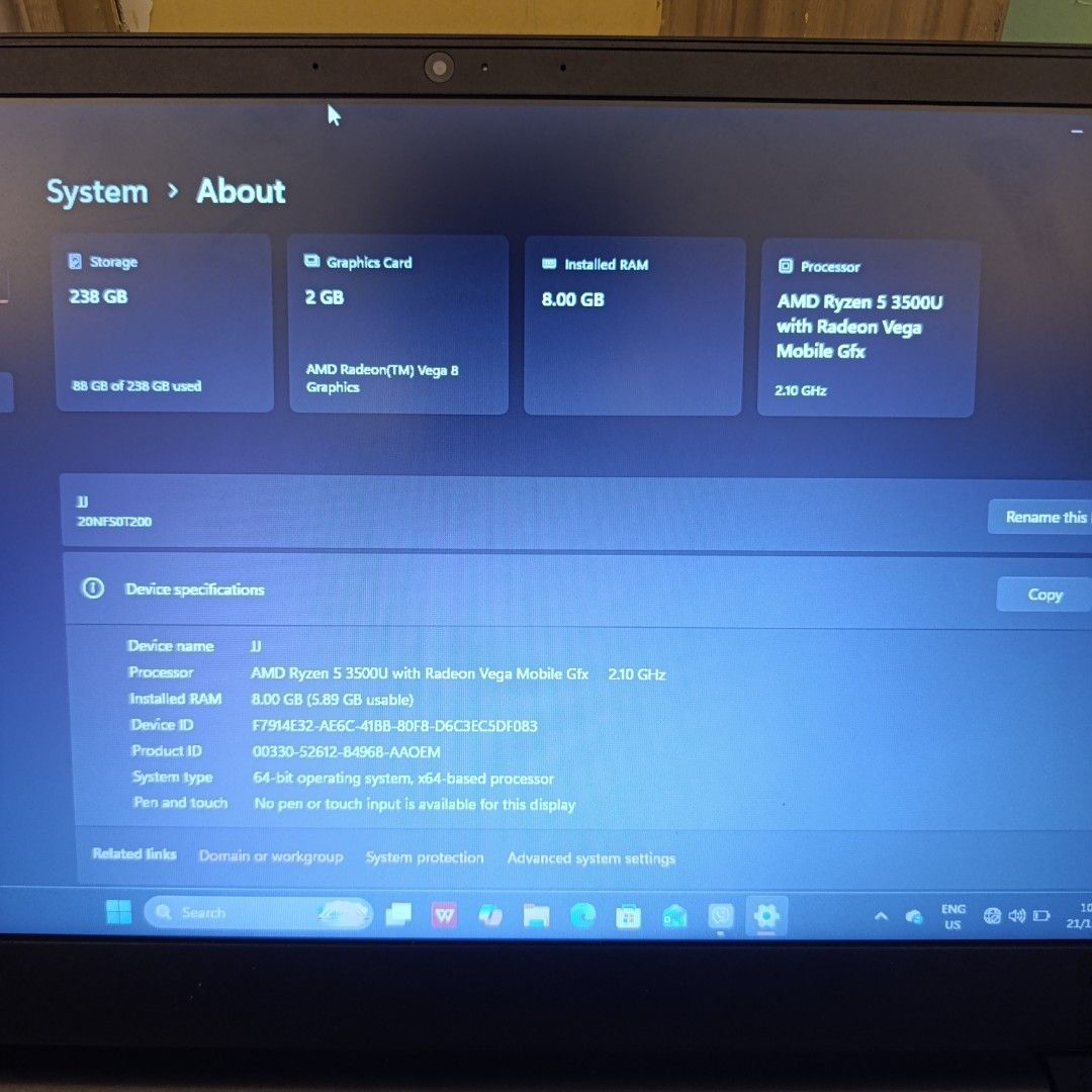 ThinkPad E595 Ryzen 5 Laptop with Bag and Charger (Category: Laptops & Notebooks) located in Muntinlupa City. Submitted by mistakyle (Listing ID 1469537196, Image 2). Description: - Model: Lenovo ThinkPad E595 - Processor: AMD Ryzen 5 3500U - Graphics: Radeon Vega 8 Graphics - Memory: 8GB RAM - Storage: 238GB Storage - OS: Windows 11 installed - Battery Health: Healthy (Only 151 cycle counts) - Inclusions: Original charger and black laptop carryi
