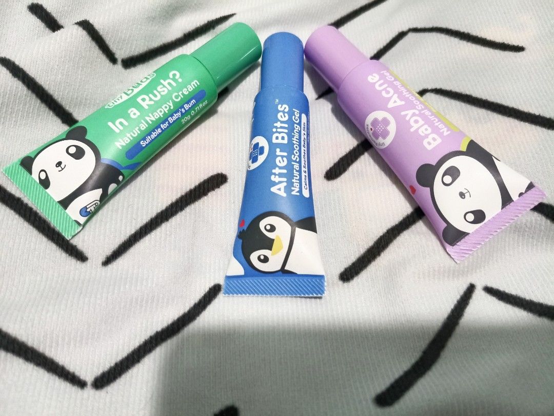 Tiny Buds In a Rush After Bites Baby Acne (Category: Baby Toiletries & Grooming) located in Manila. Submitted by c.eryx (Listing ID 1469565780, Image 1). Description: - Tiny Buds On-The-Go Baby Skincare Bundle - Selling as a set of 3 handy pocket-sized tubes (20g each) - Green tube: In a Rush Natural Nappy Cream - Blue tube: After Bites Natural Soothing Gel - Purple tube: Baby Acne Natural Soothing Gel - Perfect and convenient for travel and dail