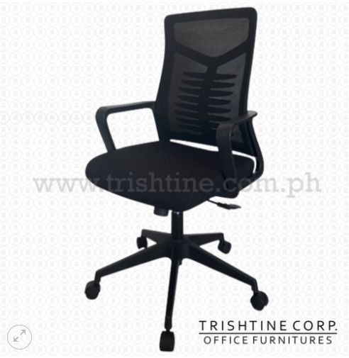 TOM-067 | Office chair with armrest (Category: Office Furniture & Fixtures) located in Caloocan City. Submitted by jim.trishtineofficefurnitures (Listing ID 1469455846, Image 1). Description: - Ergonomic black mesh office chair - Breathable mesh backrest with built-in spine support - Thickly padded seat cushion for all-day comfort - Adjustable height and comfortable armrests - Sturdy five-star base with smooth-rolling casters - Modern design idea