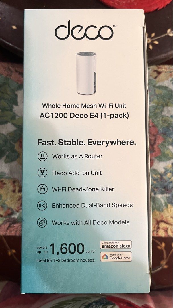 TP-Link Deco E4 AC1200 Whole Home Mesh Wi-Fi Unit (Category: Networking) located in Quezon City. Submitted by lanzzz.t (Listing ID 1469471897, Image 2). Description: - TP-Link Deco E4 Whole Home Mesh Wi-Fi (1-pack setup) - Covers up to 1,600 sq. ft. with stable, seamless connection - Functions as a standalone router or an add-on unit - Works with Amazon Alexa and Google Home - Purchased recently from Gigahertz (Dated: March 2025, receipt included