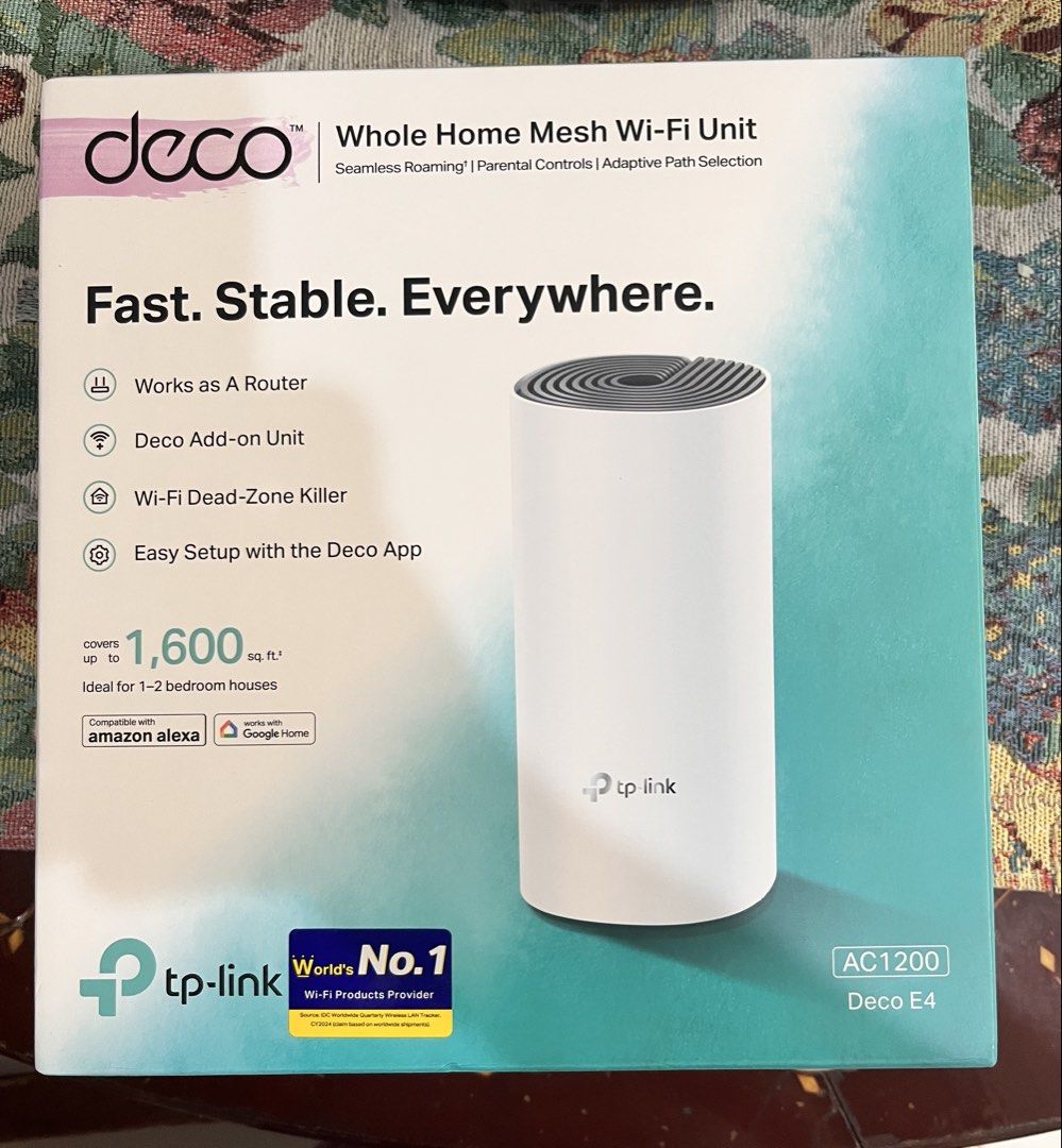 TP-Link Deco E4 AC1200 Whole Home Mesh Wi-Fi Unit (Category: Networking) located in Quezon City. Submitted by lanzzz.t (Listing ID 1469471897, Image 1). Description: - TP-Link Deco E4 Whole Home Mesh Wi-Fi (1-pack setup) - Covers up to 1,600 sq. ft. with stable, seamless connection - Functions as a standalone router or an add-on unit - Works with Amazon Alexa and Google Home - Purchased recently from Gigahertz (Dated: March 2025, receipt included