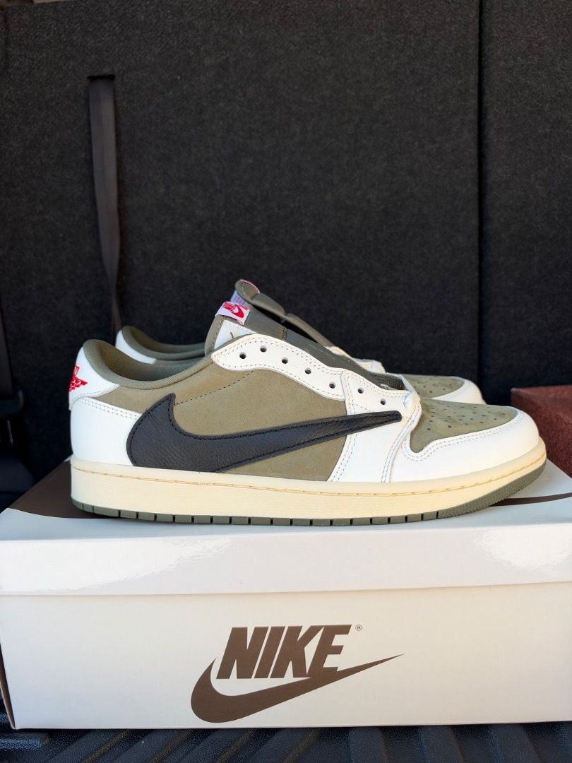 Travis Scott x Nike Air Jordan 1 Low Medium Olive, Men's Fashion ...